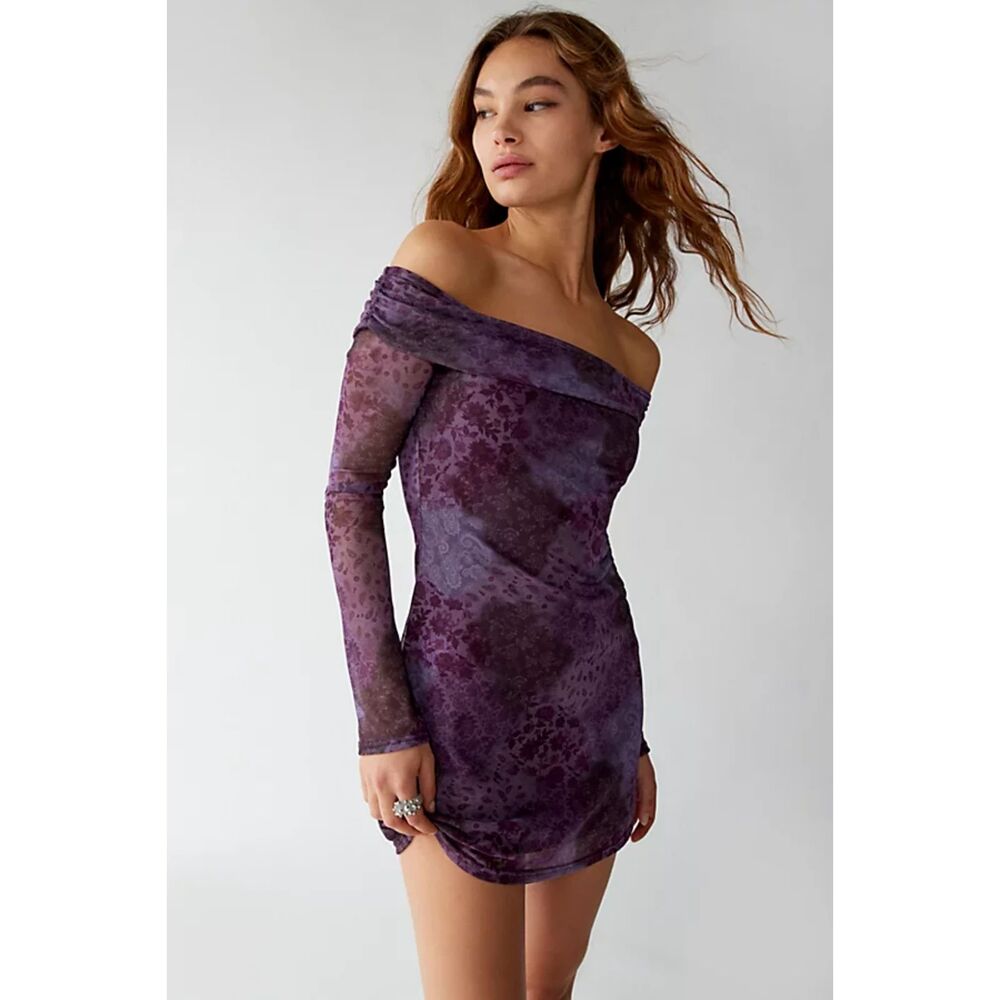 Urban Outfitters Isla Purple Paisley Off-The-Shoulder Mini Dress - Size XS